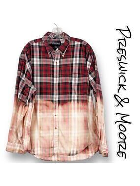 Preswick & Moore Dip Dye Bleach Red Plaid Shirt 100% Cotton Flannel Mens Size L